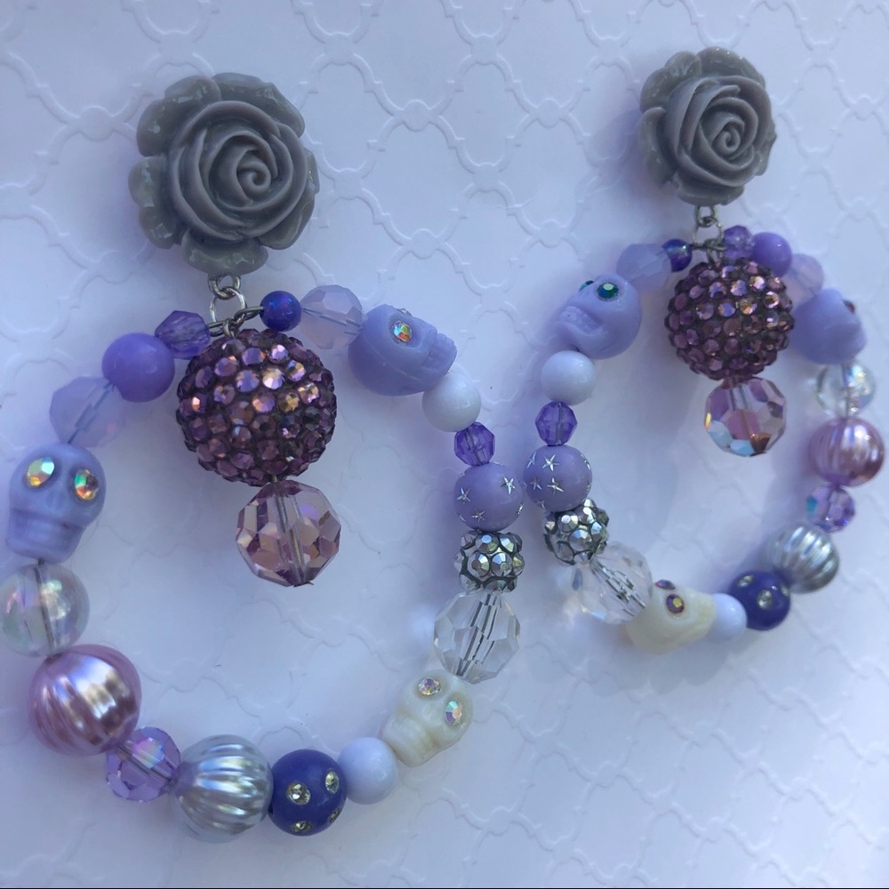 Skull rose hoop purple rhinestone bead earrings